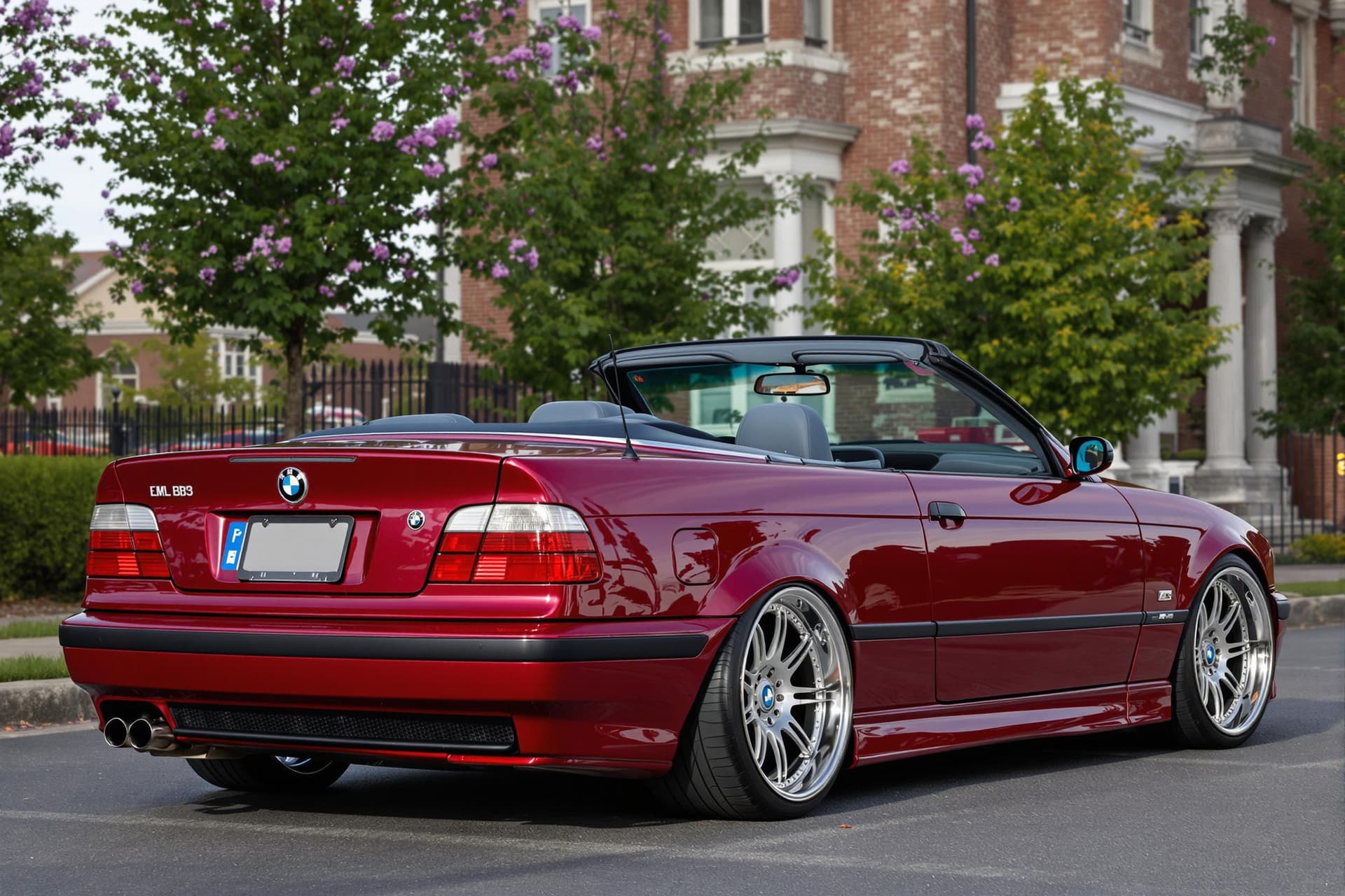AI generated: dark red bmw e39 5-series convertible with BBS LM wheels, no license plate, cinematic, hyper realism...