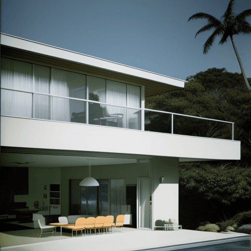 AI generated: Hyper realistic eye level exterior photo of a mid century modern style house overlooking the ocean, ...