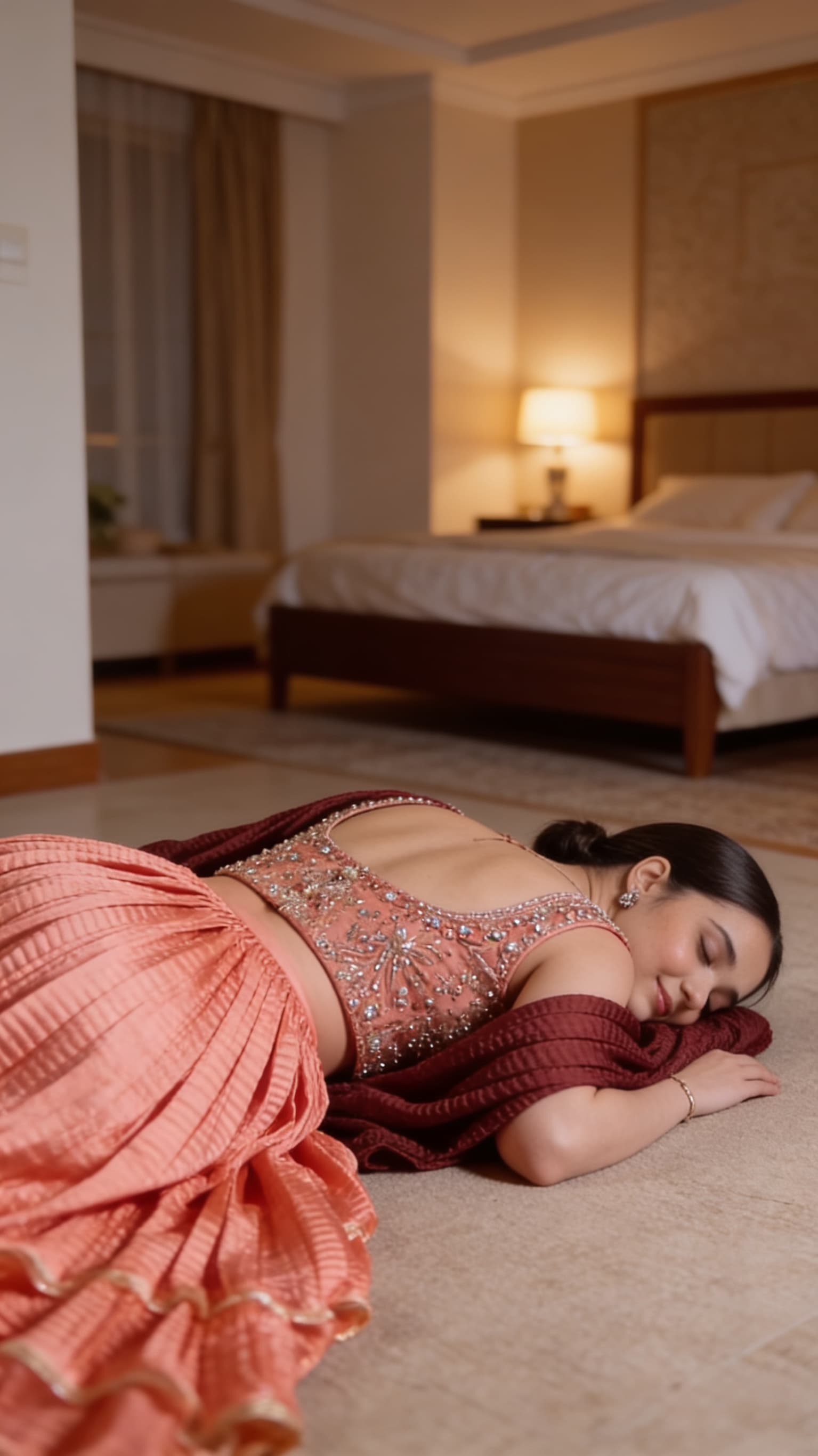AI generated: Create the ultra high realistic image as this Pakistani women is sleeping lying face down on bedroom...