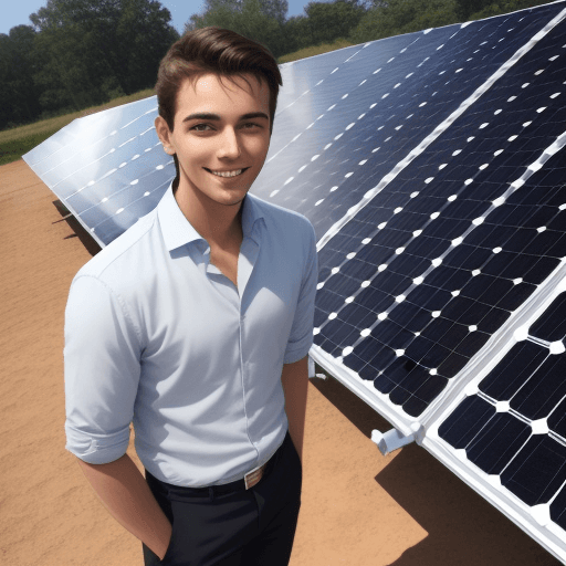 AI generated: The young handsome entrepreneur smiling and standing in front of solar panels that he has built