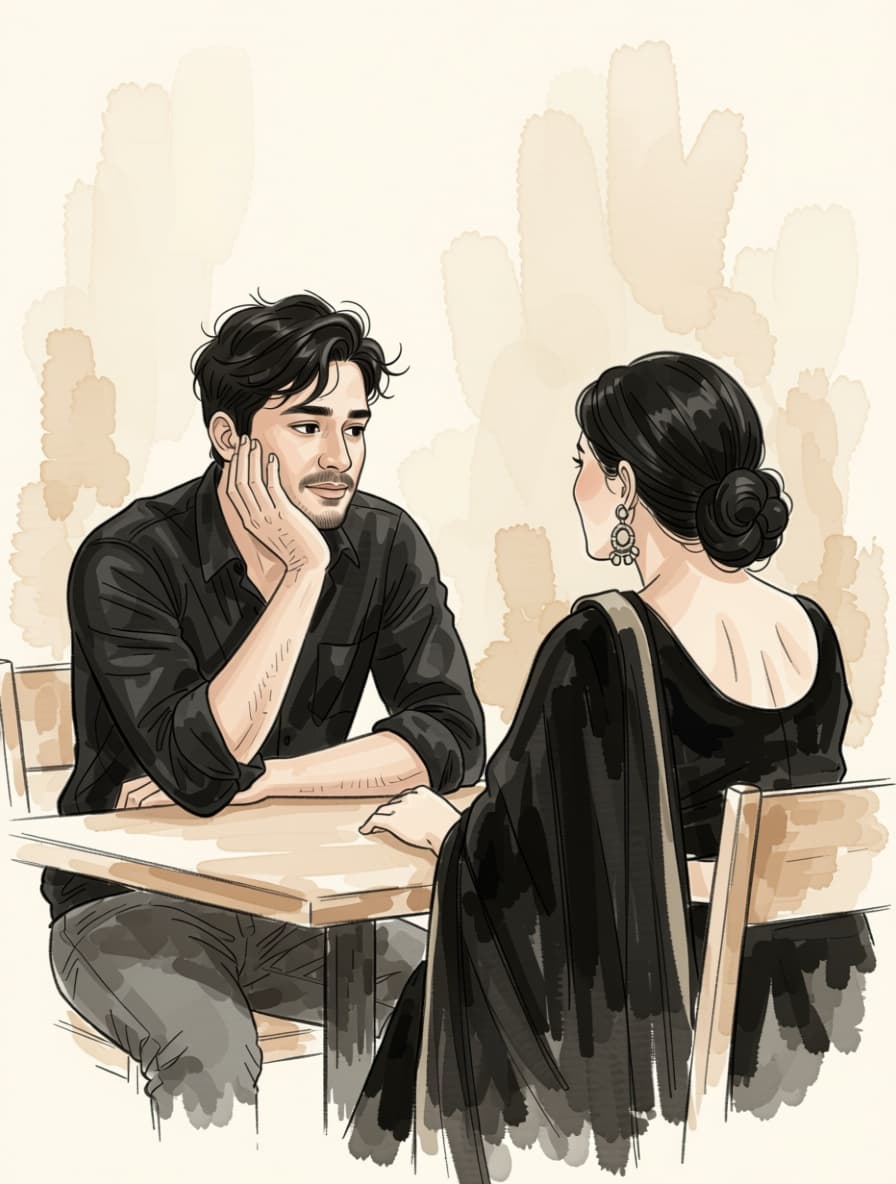 AI generated: Convert the above image into A soft, romantic hand-drawn digital illustration of an Pakistani couple...