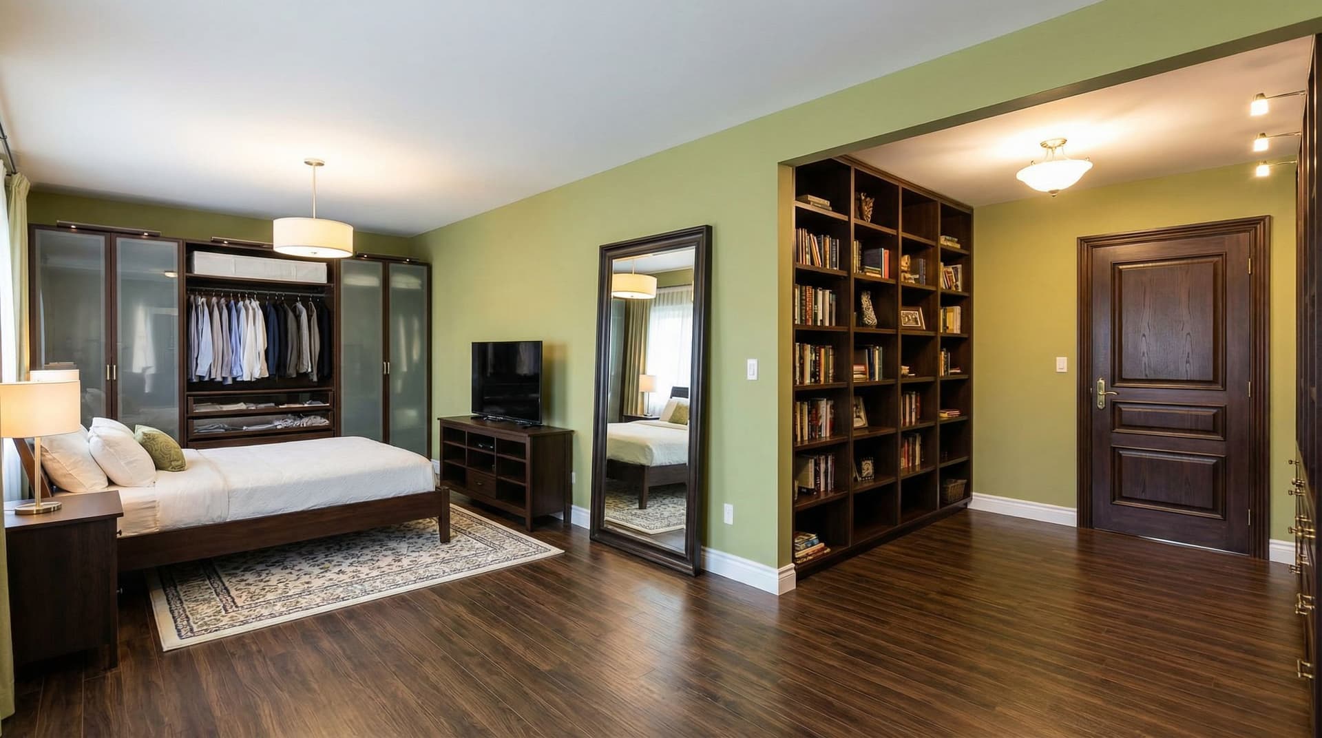 AI generated: Expand the room bigger. The room has light green olive walls and dark brown wood floors. On the othe...