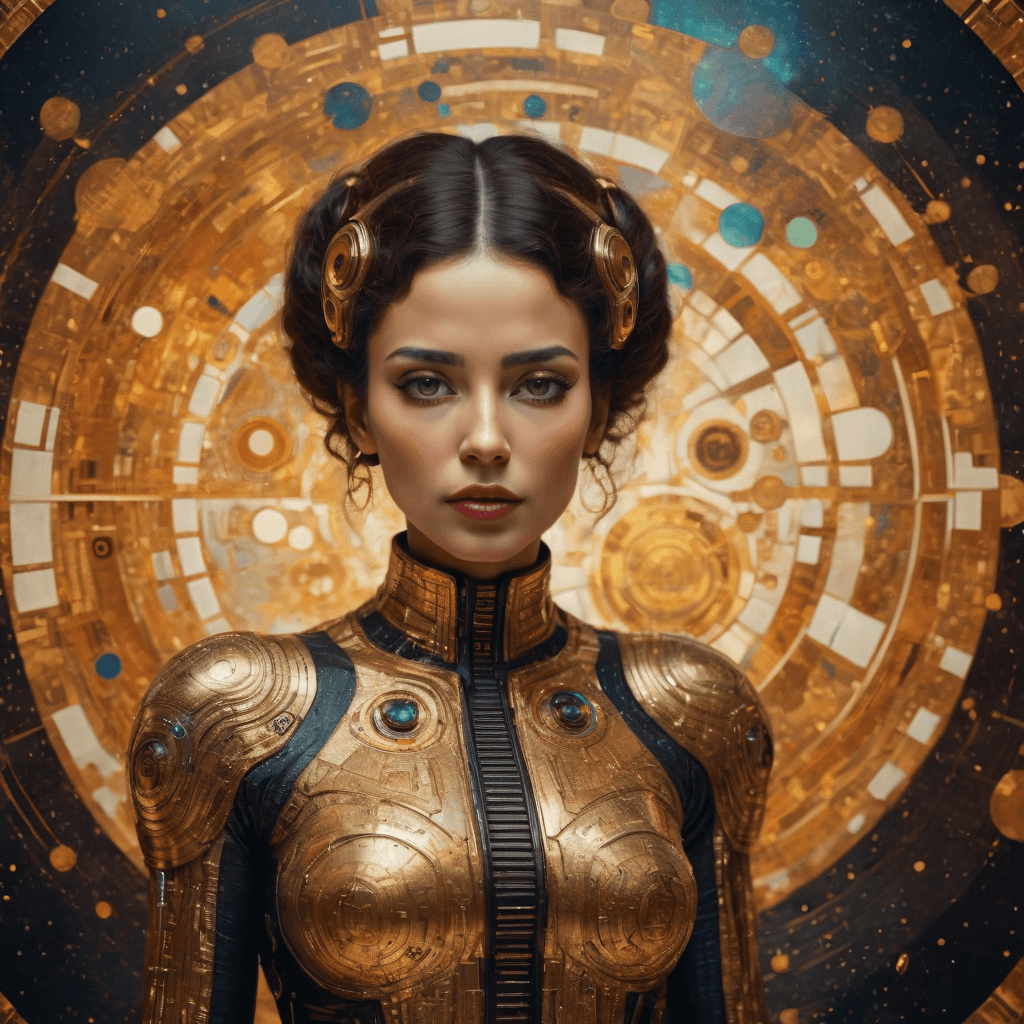AI generated: hyper-realistic Latin woman , in the style retro sci-fi, composition by Gustav Klimt, meticulous por...