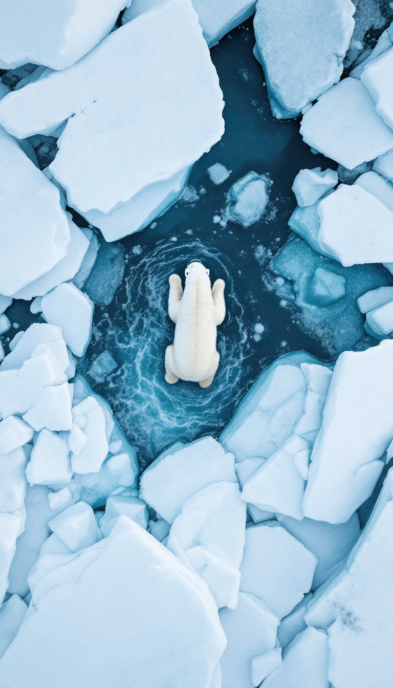 AI generated: Top down aerial shot looking down at a polar bear in a icy tundra --v 6.0 --style raw