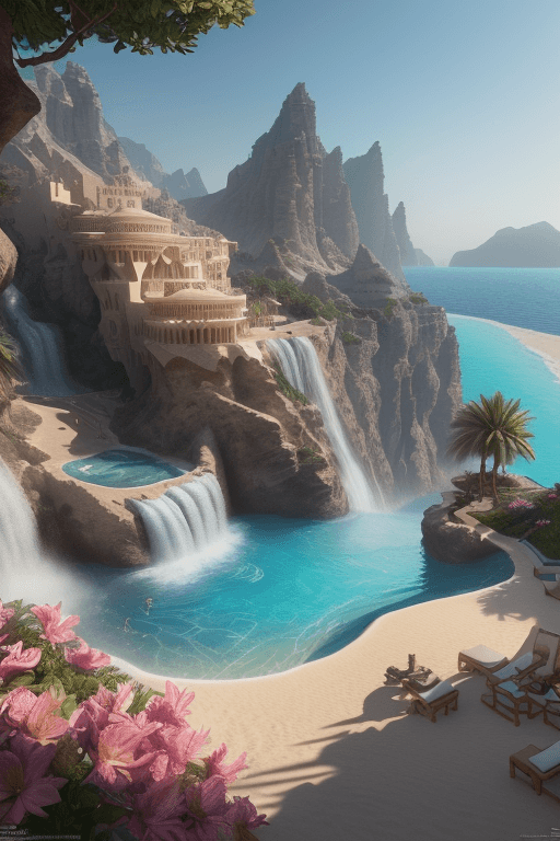 AI generated: Luxuriousness arabian style beach resort by the beach water, falls and nature, village, swimming poo...