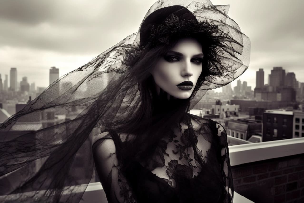 AI generated: a black and white photo of a beautiful woman with a veil over her head, vogue cover style, new york ...