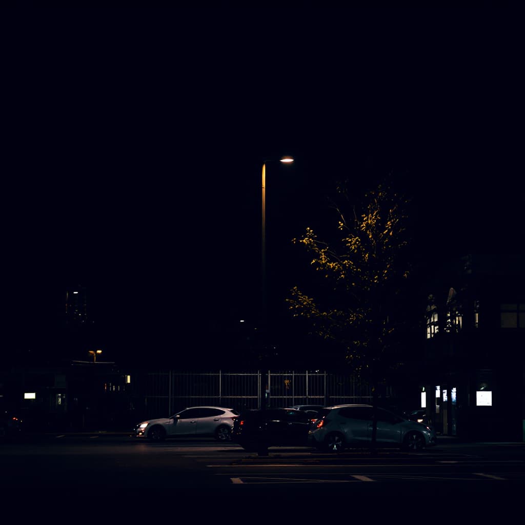 AI generated: image of a light pole in parking lot at night with parked cars