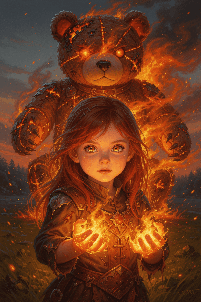 AI generated: Character of the game, villainess Annie is a child firemage with immense pyromantic power, summoning...