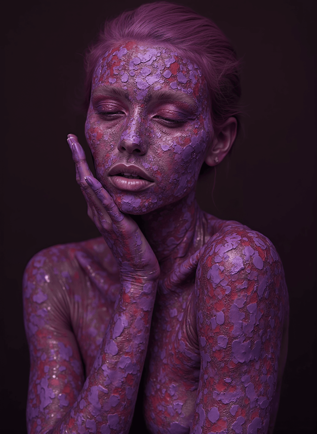 AI generated: a woman covered in purple paint, in the style of dark white and dark red, organic material, layered ...
