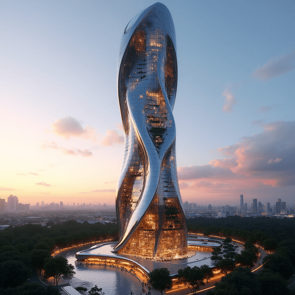 AI generated: Futuristic skyscraper with an organic, flowing design inspired by the curves of nature. The building...