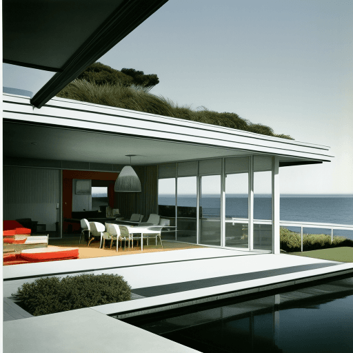 AI generated: Hyper realistic eye level exterior photo of a mid century modern style house overlooking the ocean, ...