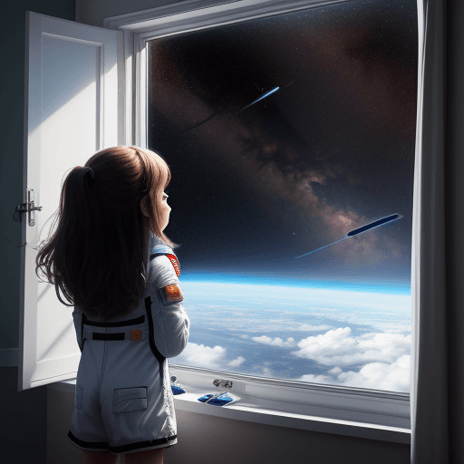 AI generated: girl in his room looking trough the window at the sky because she want to be an astronaut