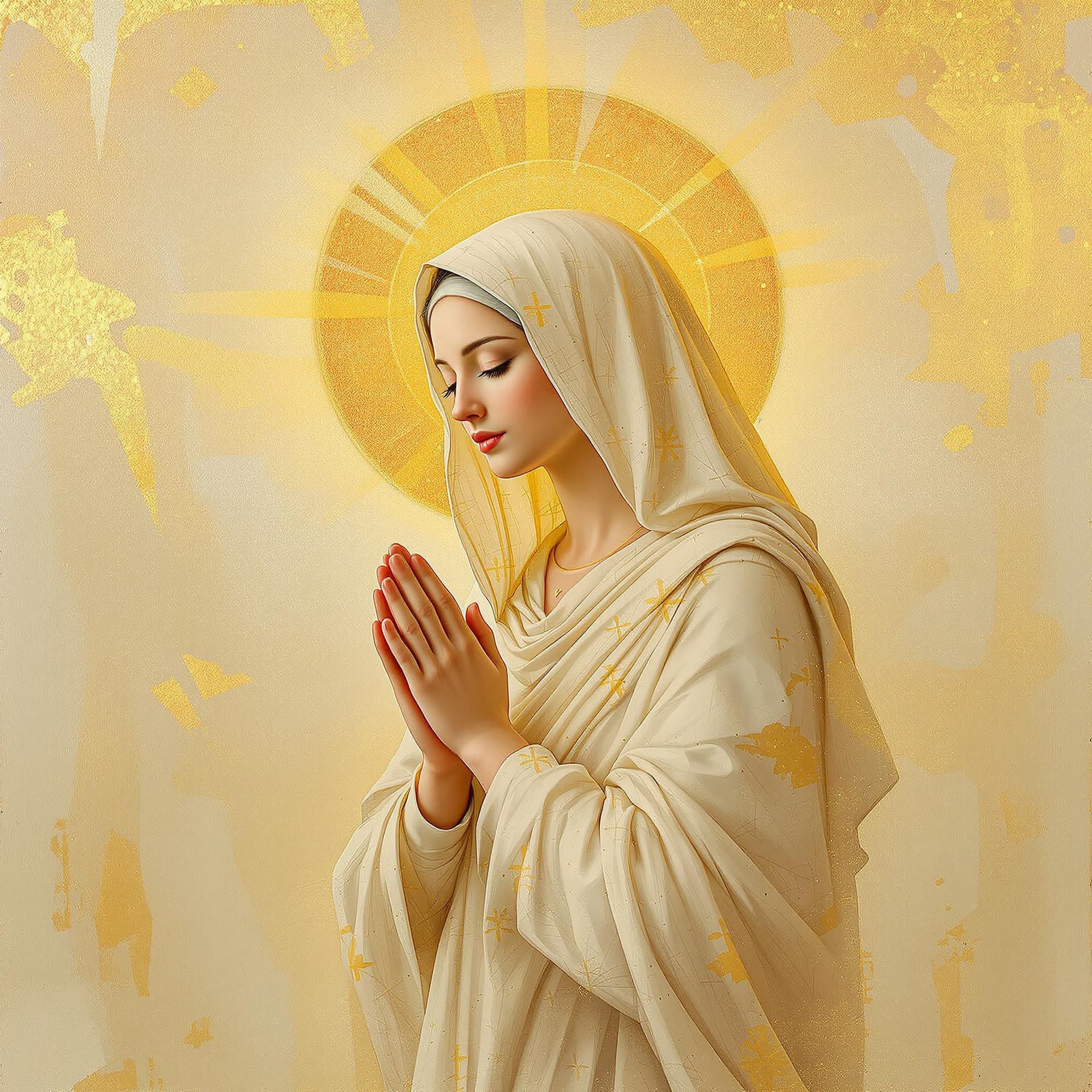 AI generated: A highly detailed and ethereal painting of the Virgin Mary in prayer, with a glowing golden halo beh...
