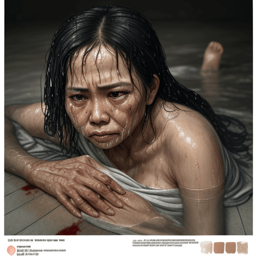 AI generated: sadness and suffering, middleage beautiful indonesian woman crying, body with wide and bleeding woun...