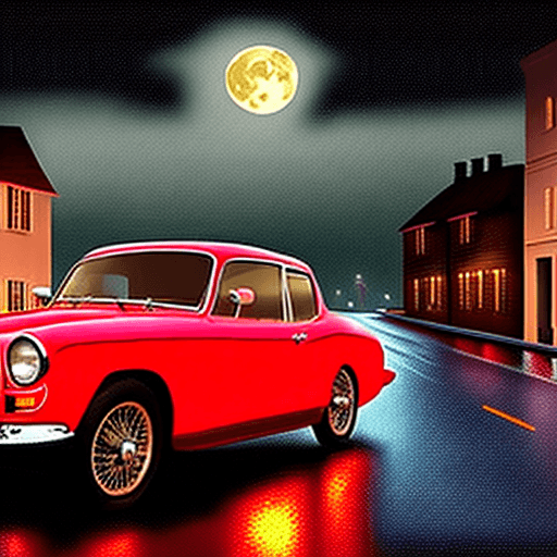AI generated: A classic car in street at night rain, the moon is red over the sea