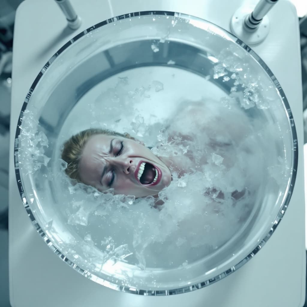 AI generated: A top-down photo of a round block of ice containing Cory Chase. She is cryogenically frozen, encapsu...