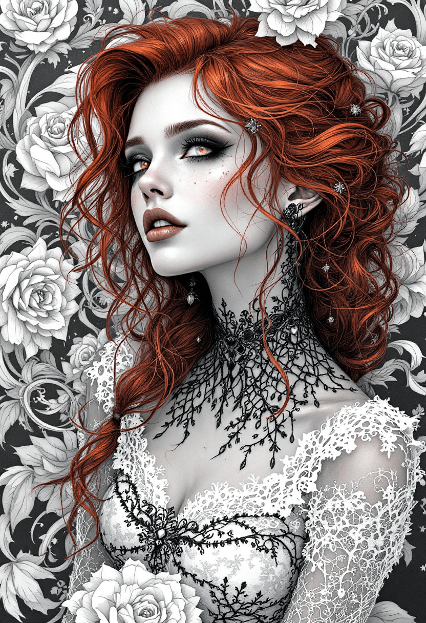 AI generated: Create a digital illustration depicting a female figure in a lace dress. The artwork should resemble...