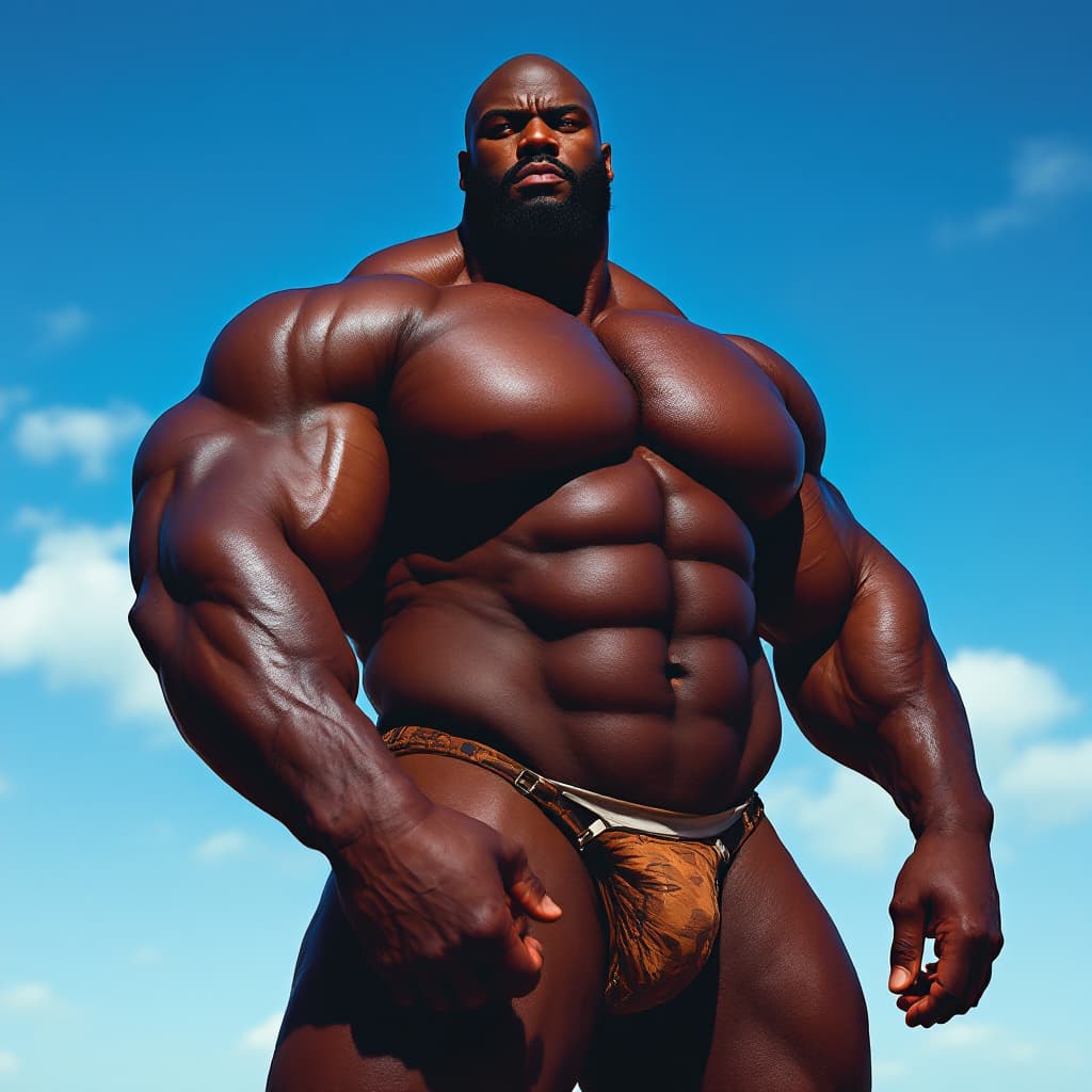 AI generated: tall 6'5" nude strong handsome hunk, enslaved negroid bdsm sexy homoerotic muscles, breast, hedonist...