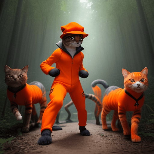AI generated: Generate an image of a small, determined cat standing on his feet in the middle of a dense forest. T...