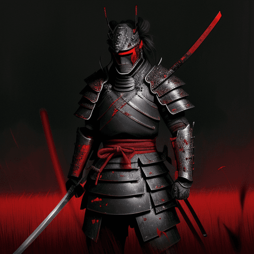 AI generated: A dark sketch concept of a samurai fallen after battle in a field. The scene shows the armor, sash, ...