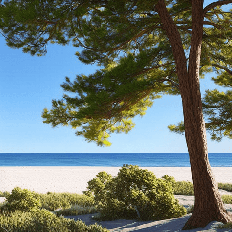 AI generated: photorealistic oil on canvas,,
sparse clouds, soaring sky, beach, pine trees
beautiful setting, earl...
