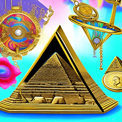 AI generated: digitally creative psychedelic collage, Egyptian pyramid, super super large lily flower, extra large...