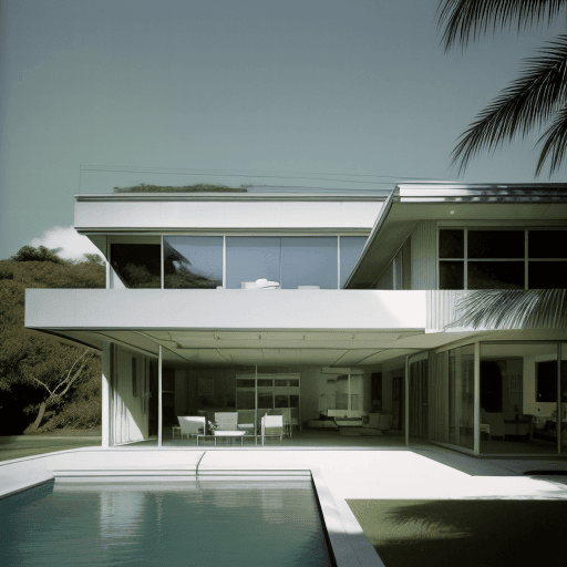 AI generated: hulk double biceps Hyper realistic eye level exterior photo of a mid century modern style house over...