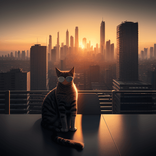 AI generated: Urban skyline at sunset,brutalist,A cat is sitting on a chair, wearing a pair of sunglasses,8k