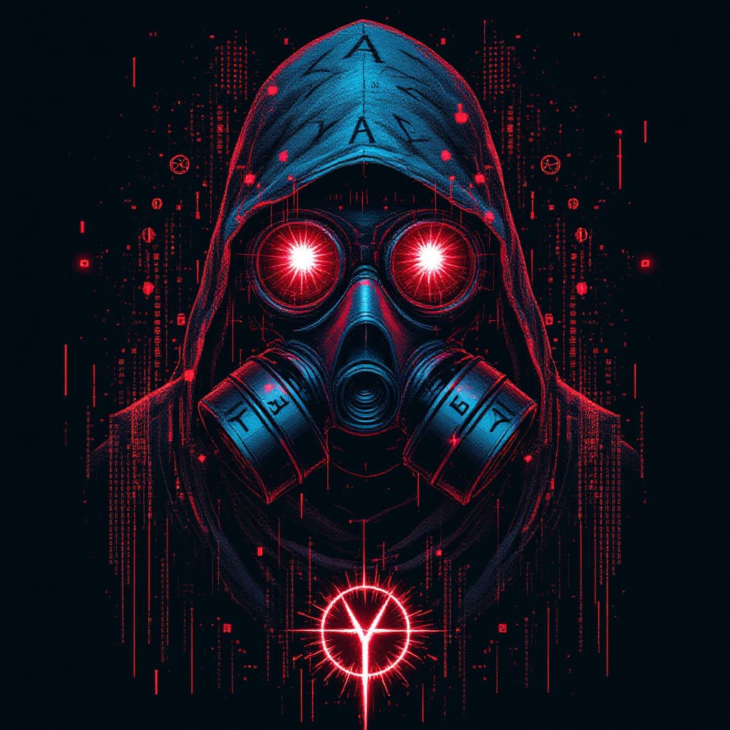 AI generated: Design a ghostly cyber-hacker with a hood and a gas mask, just two piercing neon eyes and a distorte...