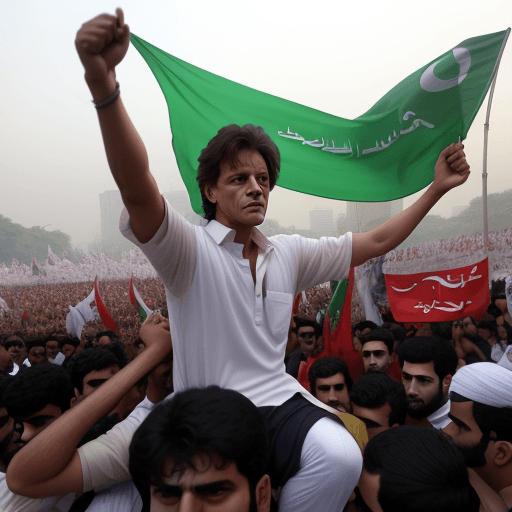AI generated: A young man 25 name is Mahmmood Ali on his back shirt leading PTI Imran Khan crowds with flag 