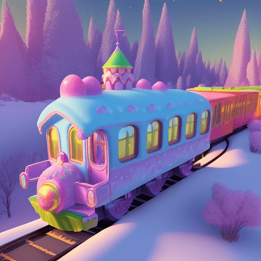 AI generated: 3d digital fantasy dynamic image of a dreamy whimsical candy-land dreamscape at winter, a railway tr...