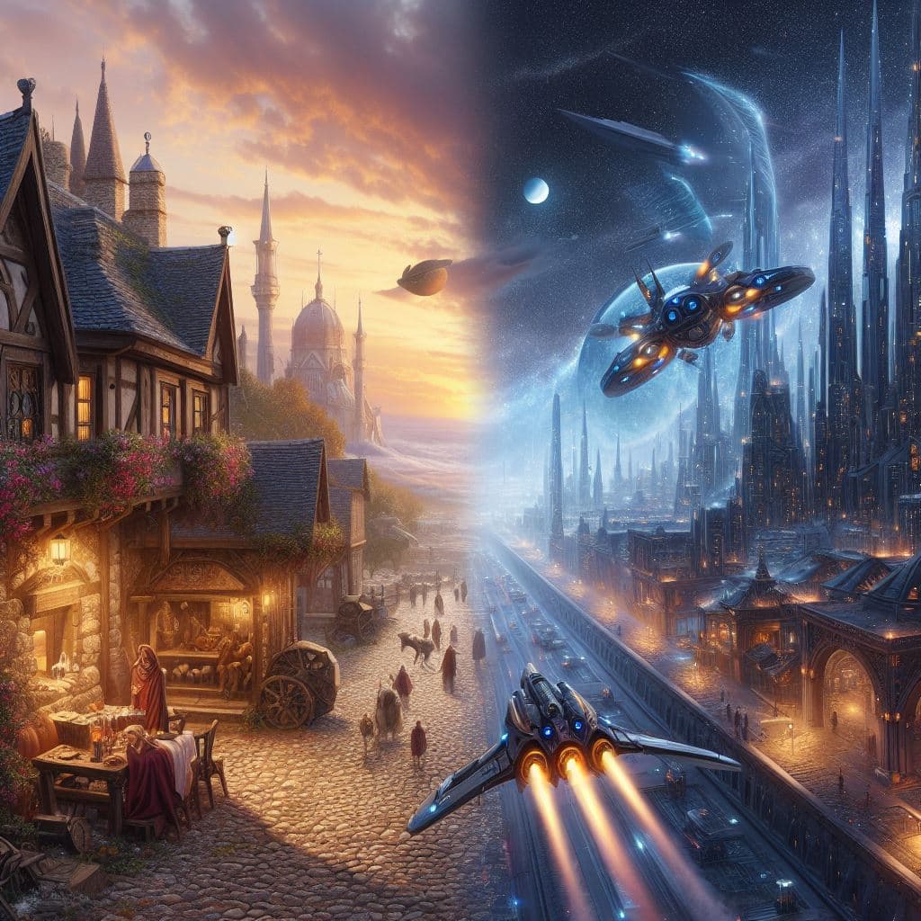 AI generated: There is a fusion of 2 times, the Middle Ages and the distant future, very detailed and photorealist...
