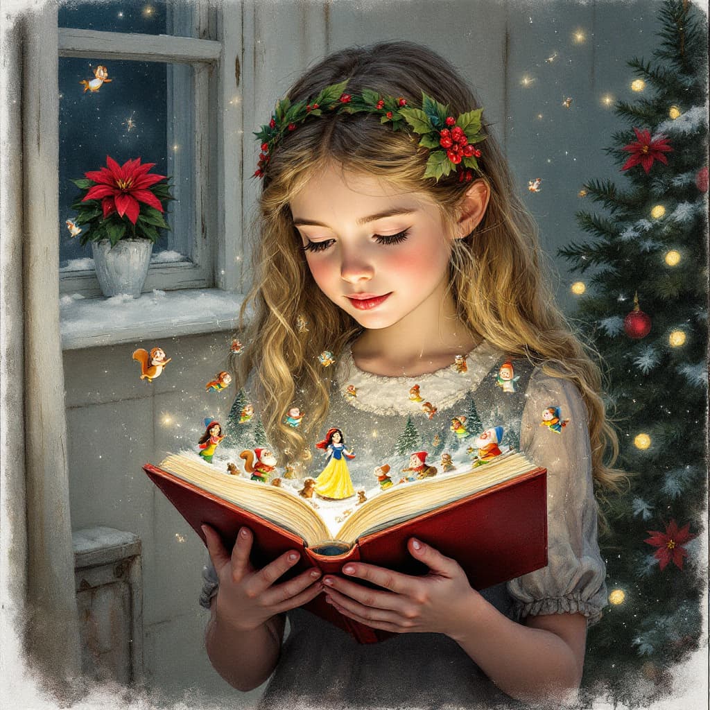 AI generated: Charcoal and pastel drawing of a 10-year-old girl with blond curls. She is wearing a Christmas dress...