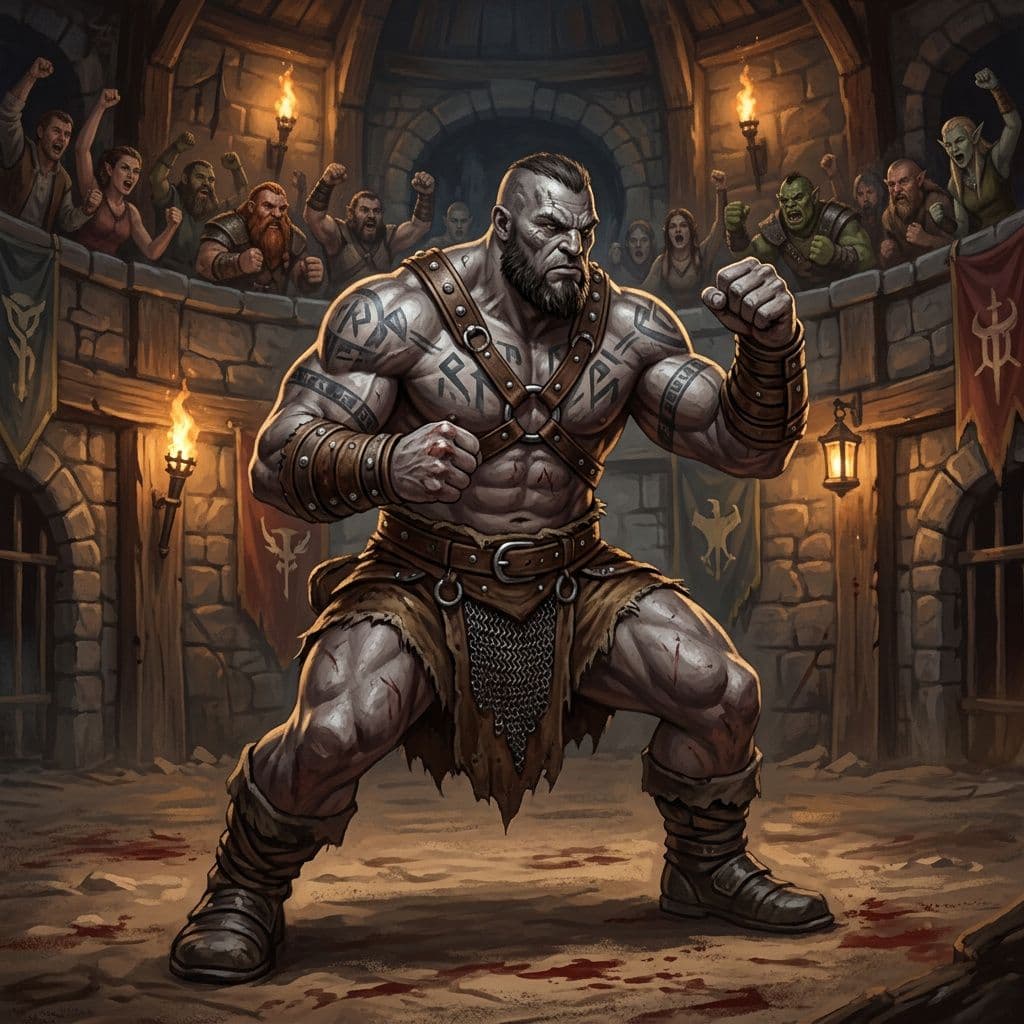 AI generated: a large male goliath wrestler in a fighting pose, dungeons and dragons style, pit fighting arena bac...