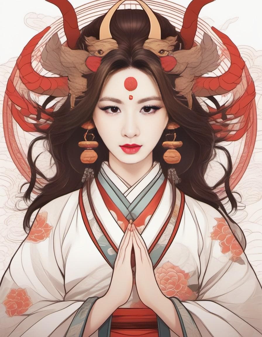 AI generated: An illustration, of a kitsuné, Oni, Nué, Tengu, my funji decor, anime style, HD, 2K, very detailed