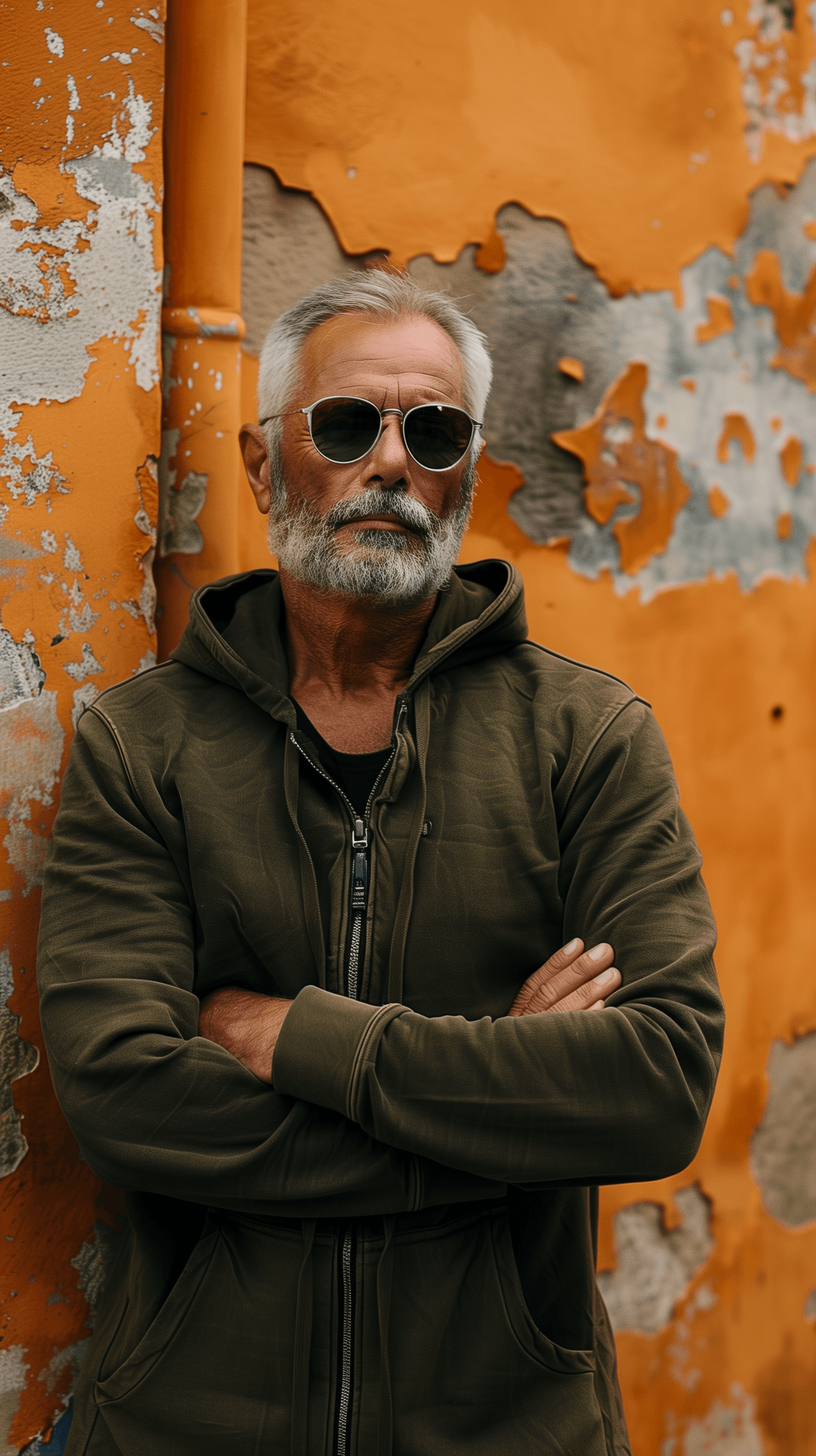 AI generated: photography, upper body shot, older man model standing against a textured rustic orange largest wall...