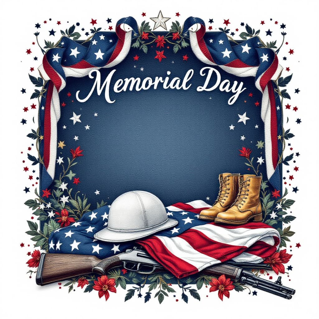 AI generated: A beautifully embroidered illustration of a Memorial Day tribute, featuring a solemn scene with a fo...