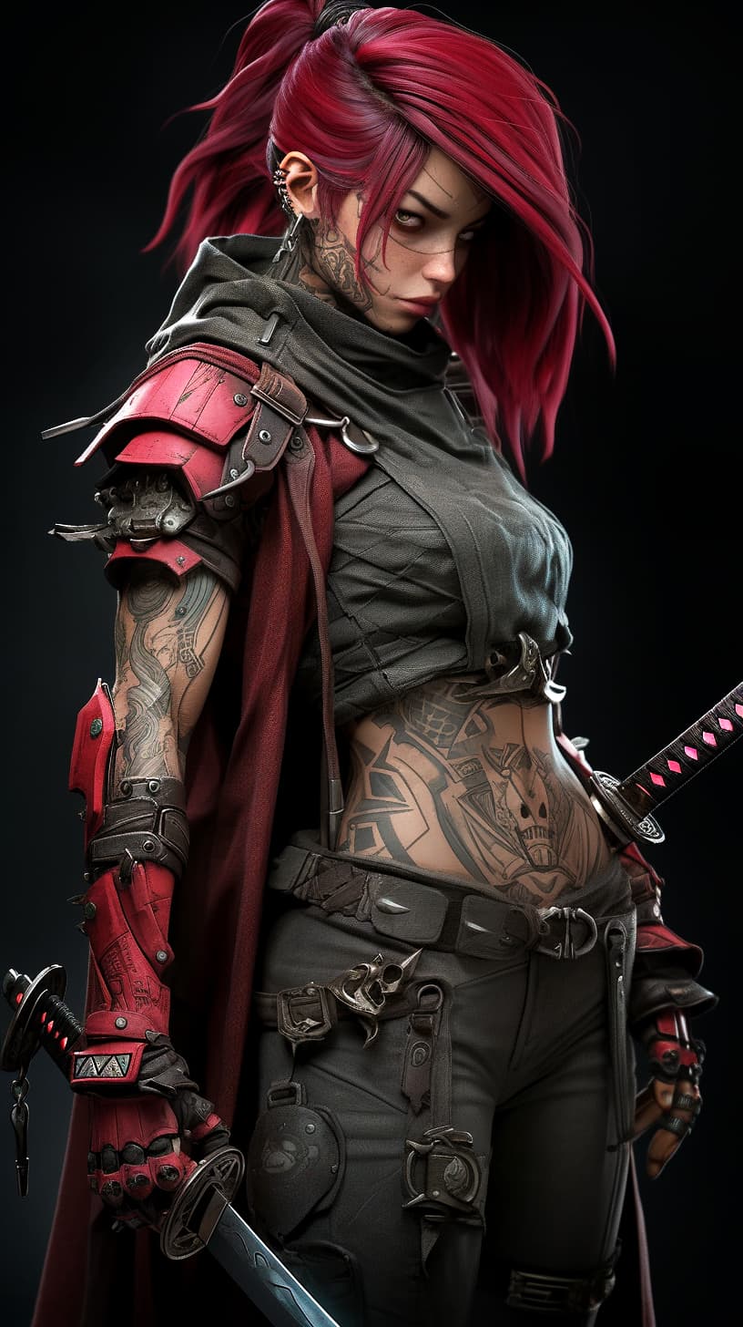 AI generated: Mortal Kombat Skarlet, cyberpunk, outdoor, street, blood red, hyperrealism, photorealistic, 8k, unre...