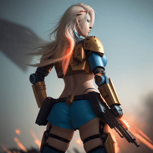 AI generated: photorealistic, detailed flying blond hair, urbanpunk, more colorful, photography from behind, seduc...