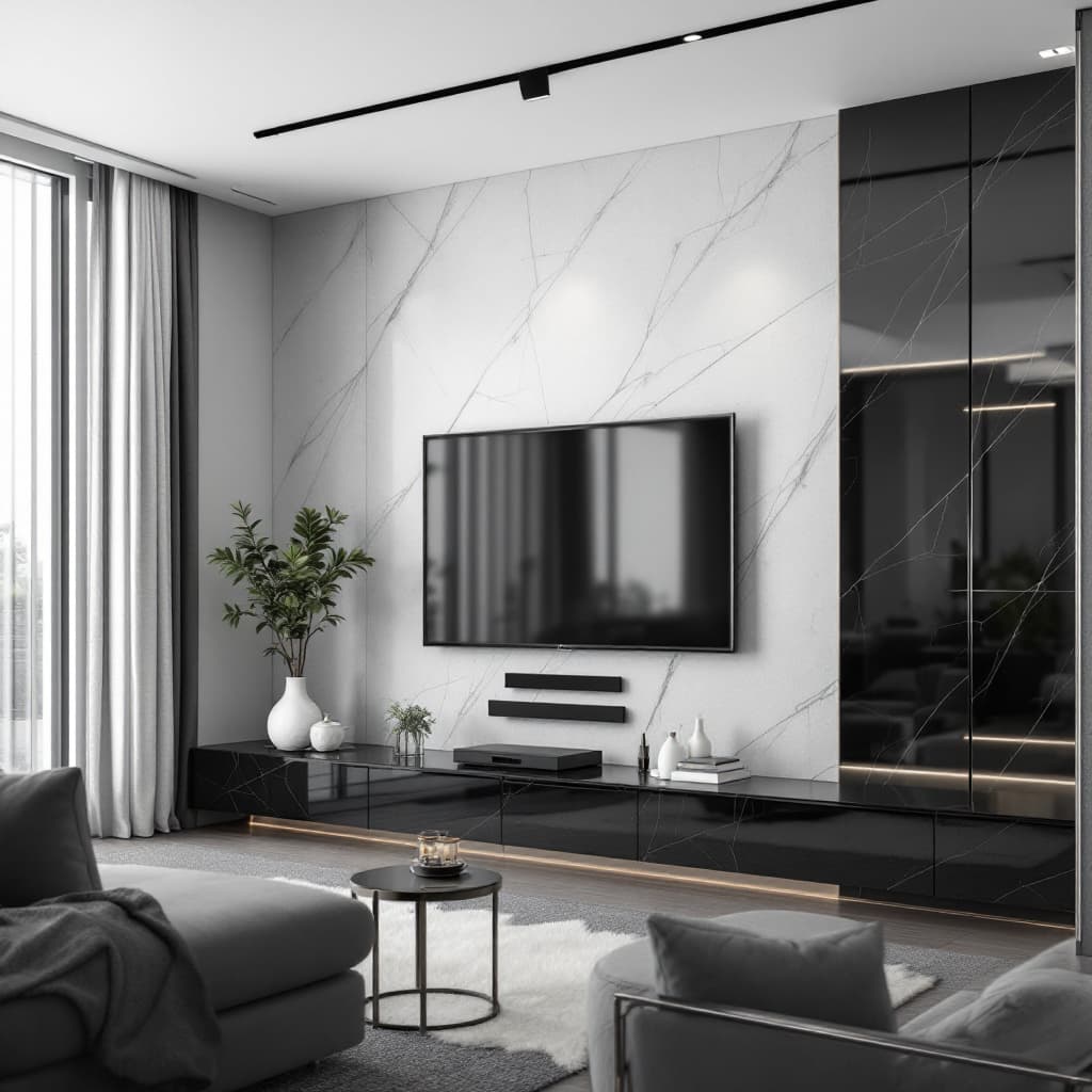 AI generated: Tv room  modern design by 3d black slab stone 