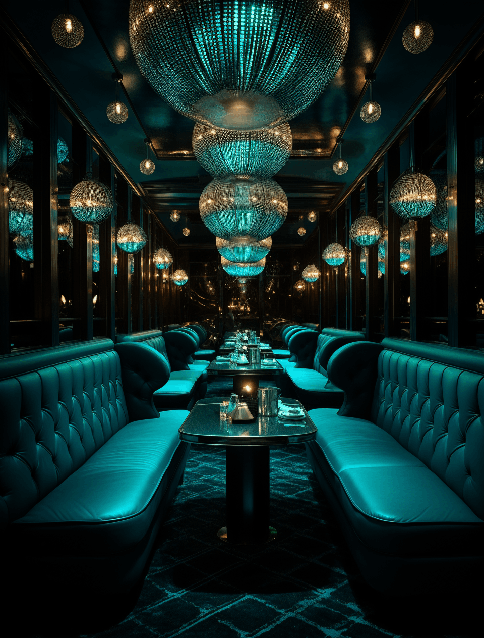 AI generated: the lounge in melbourne restaurant, in the style of turquoise and cyan, gritty hollywood glamour, tr...