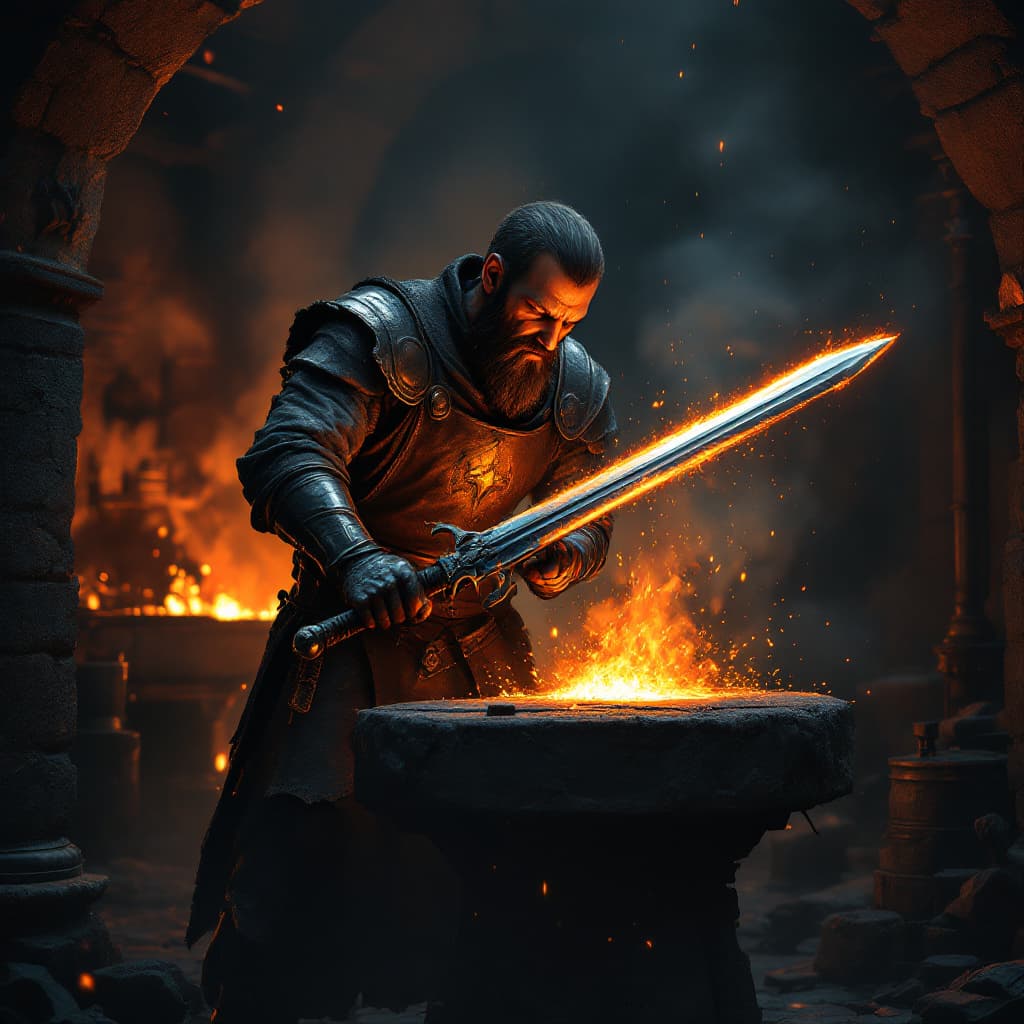 AI generated: 1.	3D render of a medieval blacksmith forging a glowing sword inside a smoky workshop, sparks flying...