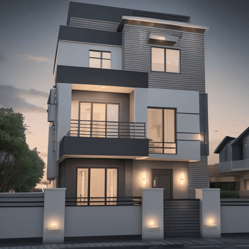 AI generated: 3 story residential house front exterior design, 24x40 size row house, modern look, use night lights...
