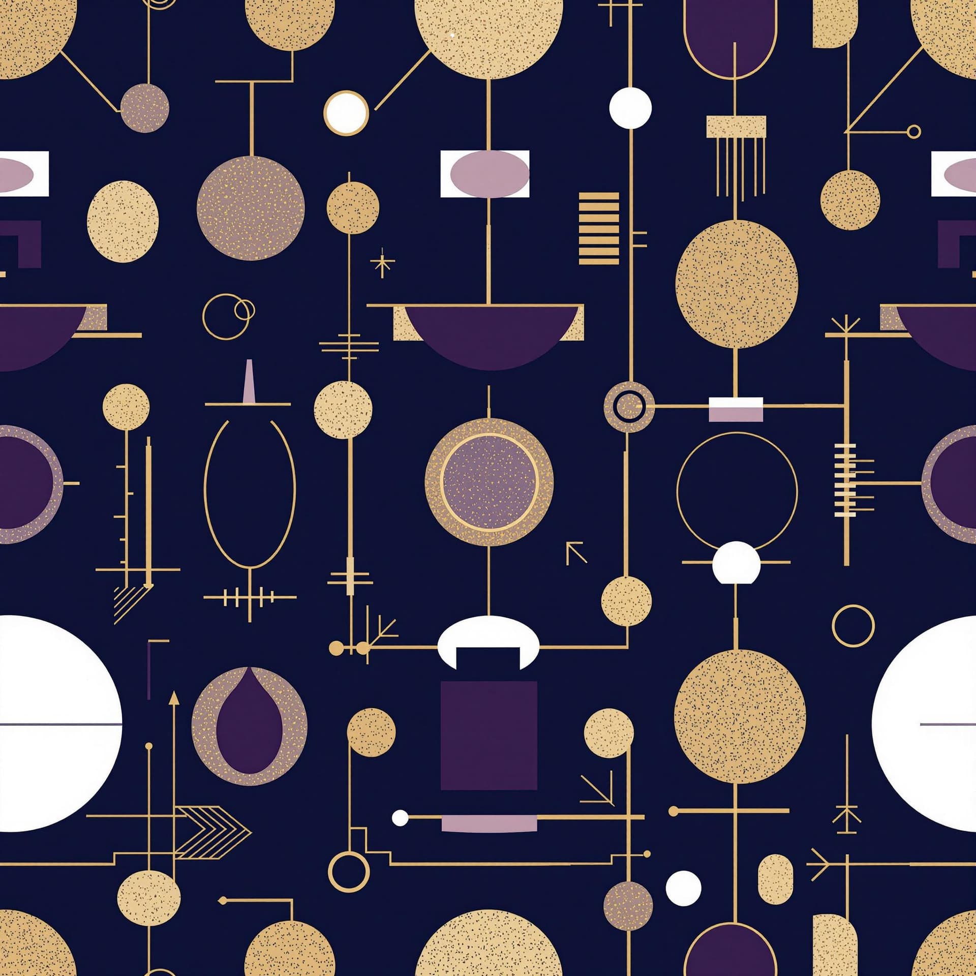 AI generated: Seamless pattern with a deep indigo (#2B2D42) background. Simple geometric shapes (lines, circles, s...