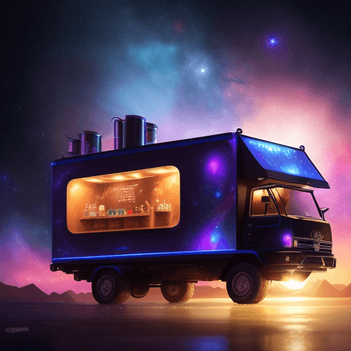 AI generated: a floating coffee shop space truck in parked in the cosmic galaxy selling tasty drinks, Hyperrealist...