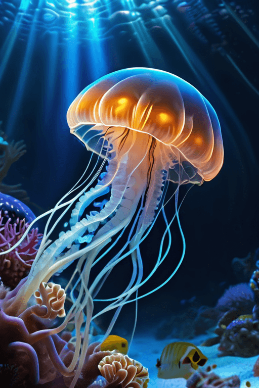 AI generated: photorealistic, uhd, dynamic lighting, full spectrum, fluorescence blue jelly fish long tendrils, ba...
