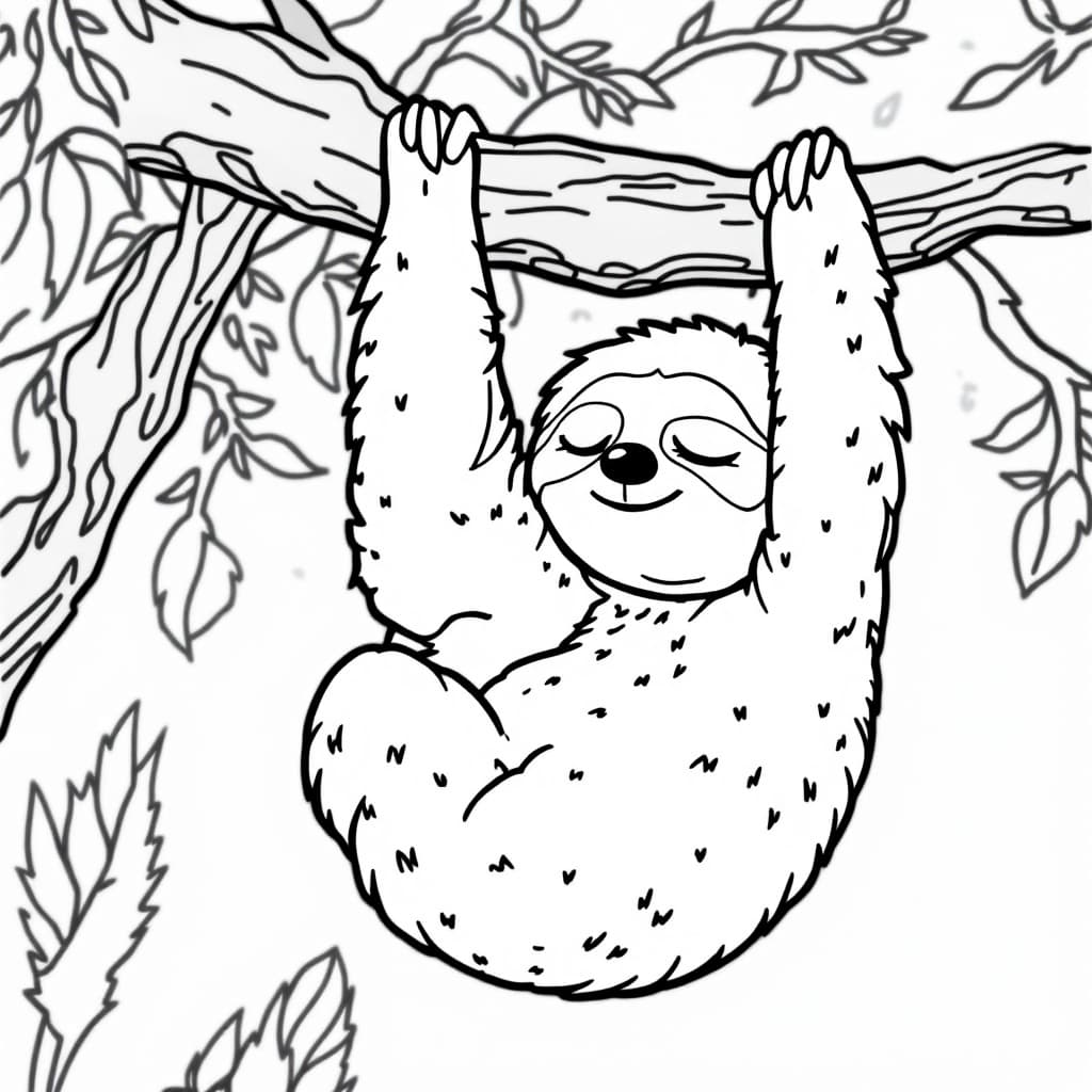 AI generated: Coloring book page,A sleepy sloth hanging from a jungle tree branch