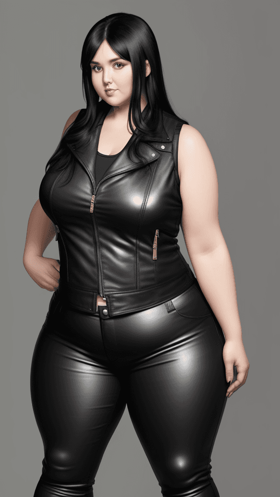 AI generated: 30 year old chubby woman, biceps, long black hair, wears sleeveless biker vest, wears leather pants