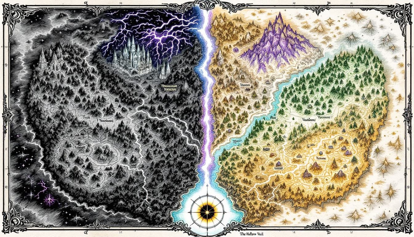 AI generated: A hand-drawn fantasy world map of The Hollow Veil, split into two contrasting realms:
➤ The Nightmar...