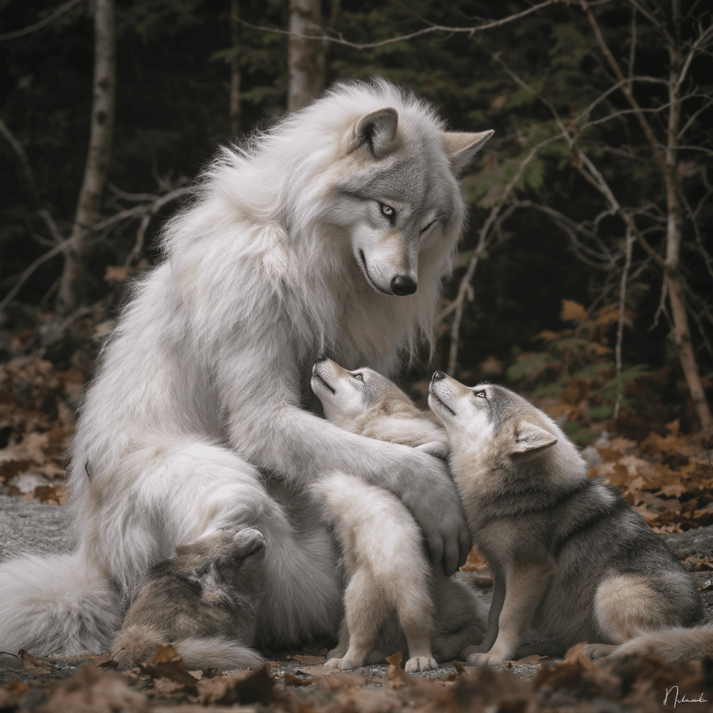 AI generated: Stunning Ultra Beautiful Wolf women with blue eyes, mothering 3 small wolves sitting down looking up...